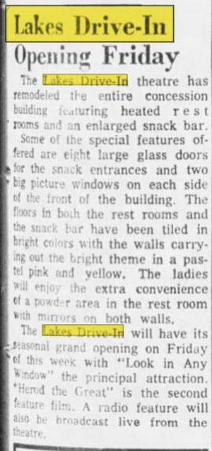 Mar 15 1961 article Lakes Drive-In Theatre, Brighton